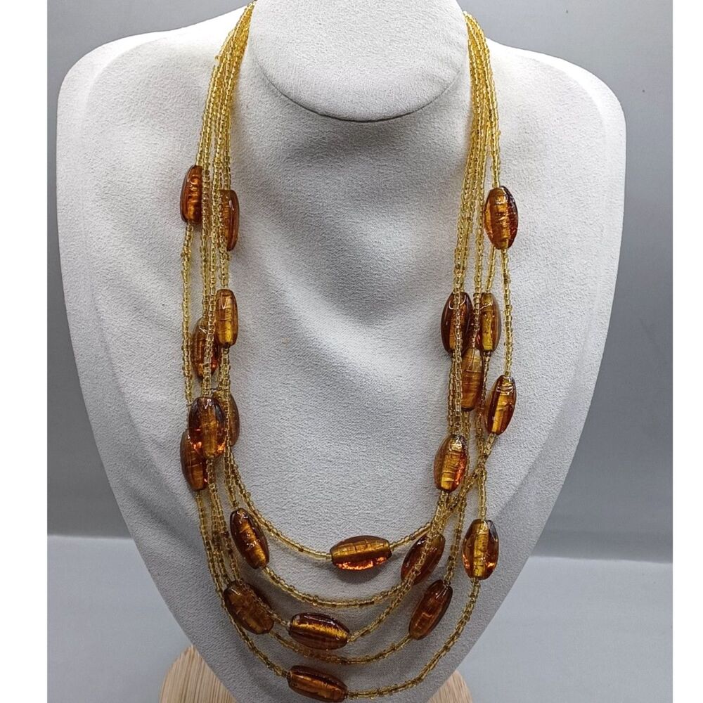 Vintage Beautiful, Amber Colored Glass Beaded Collar Necklace with Five Strands